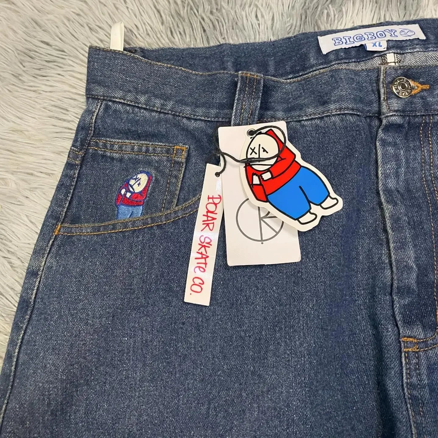 Y2K Cartoon Streetwear Polar Big Boy Jeans Embroidery Retro Blue Baggy Jeans