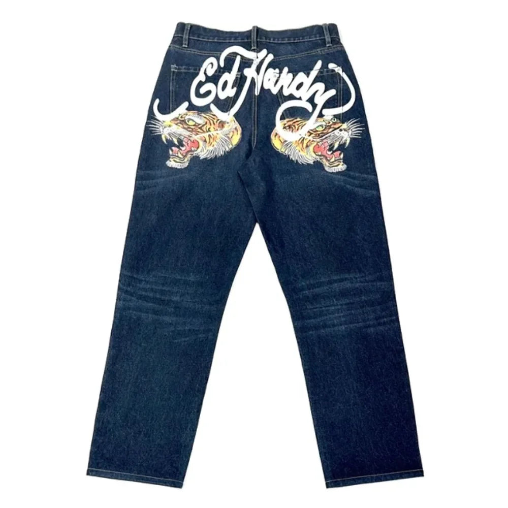 Tiger Heads Loose Fit Y2k Jeans Baggy Jeans Retro Blue Denim Pants