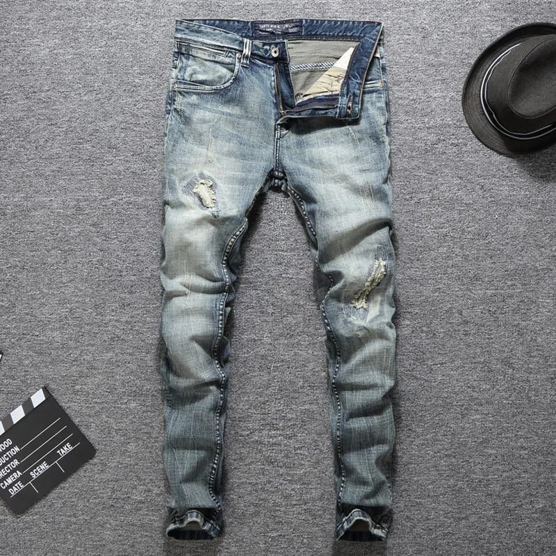 Italian Designer Men Slim Fit Distressed Jeans