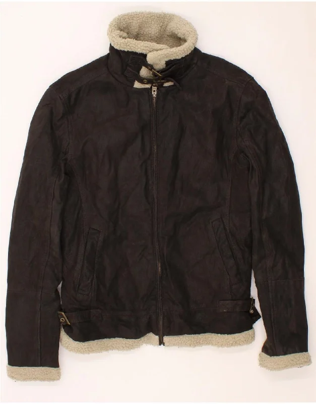 JACK & JONES Mens Shearling Jacket UK 38 Medium Brown Leather