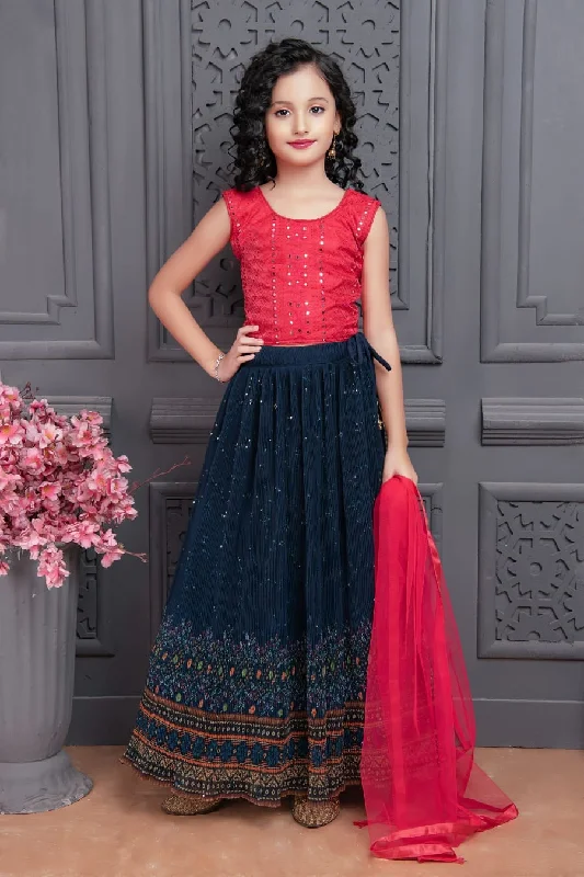 Kid's Coral & Blue Digital Printed Crushed Lehenga Banglori Silk Sequence work Choli with Net Dupatta