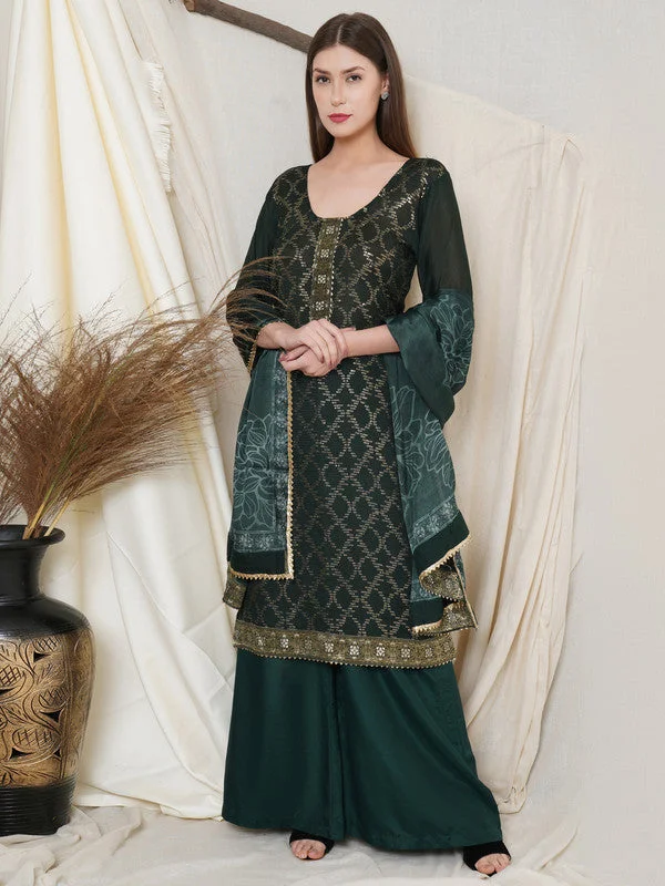 Women's Bottle Green Chinon Chiffon Resham Thread With Sequin Designer Straight Suit Set  (Semi stitched ) - Aastha Fashion