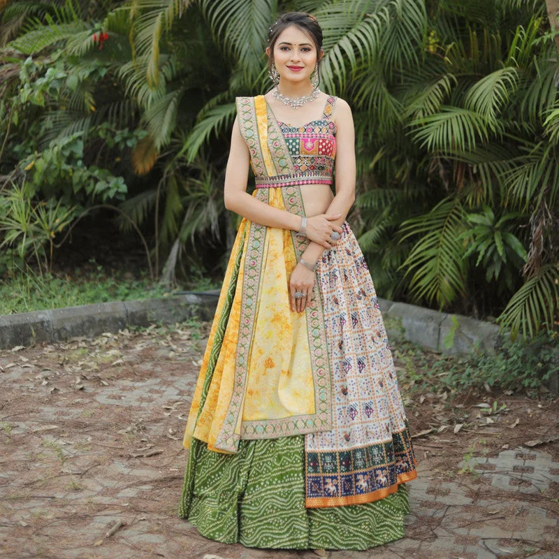 Women's Off White With Mehendi Color Slub Cotton Digital Printed Readymade Lehenga Choli Set  (stitched 40 size, Alt 38 to 44 size) - Aastha Fashion