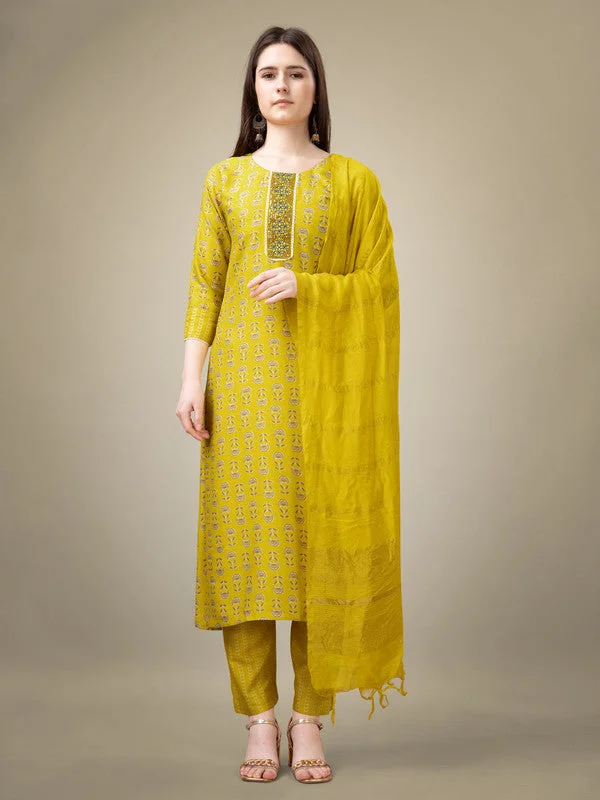 Women's Yellow Rayon Embroidery & Sequence Work Kurta With Trouser & Dupatta  (stitched 40 size, Alt 38 to 44 size) - Aastha Fashion