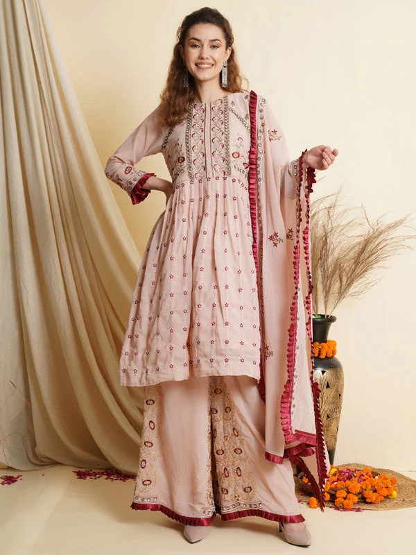 Women's Pink Georgette Floral Resham Thread With Jari & Mirror Work Designer Straight Suit Set  (Semi stitched ) - Aastha Fashion