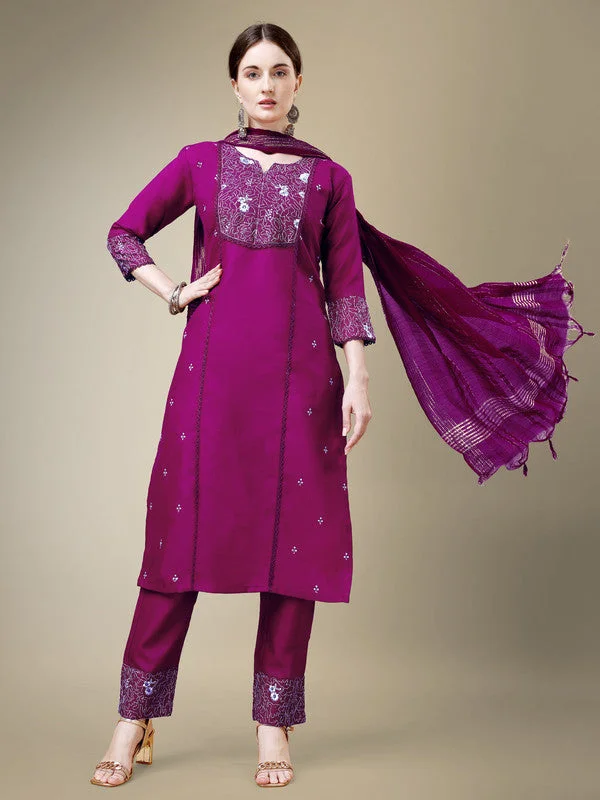 Women's Purple Cotton Blend Embroidery & Fancy Lace Work Kurta With Trouser & Dupatta  (Stitched ) - Aastha Fashion