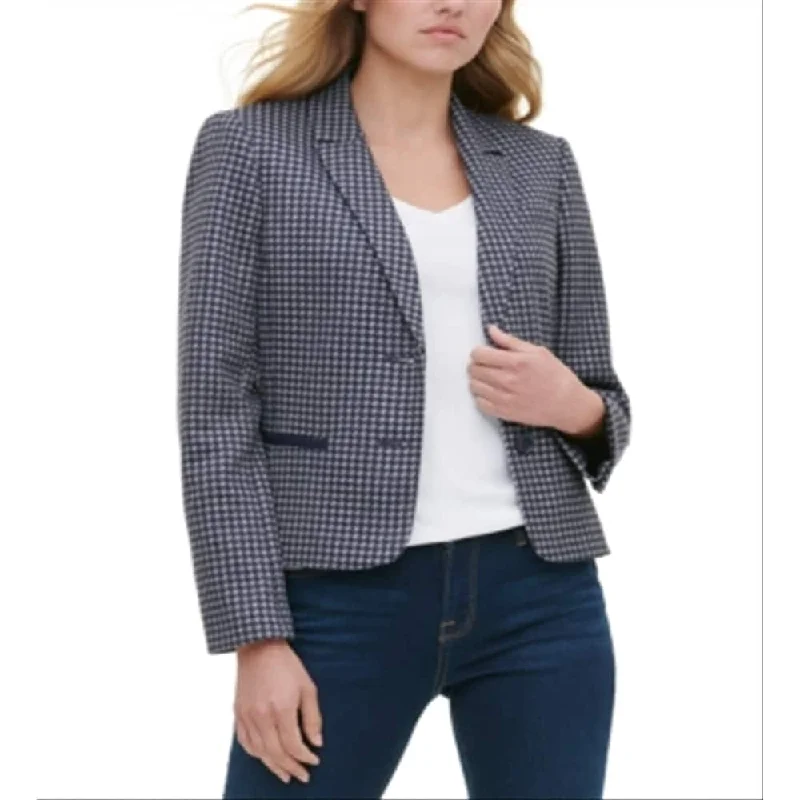 Tommy Hilfiger Women's Houndstooth Two Button Blazer Jacket Blue Size 16