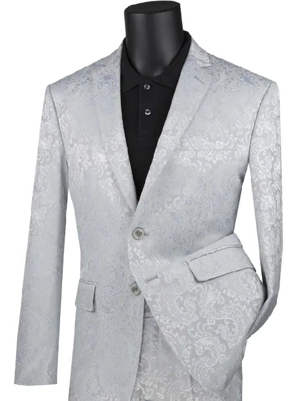 PoshPunto Collection: Silver 2 Piece Tone on Tone Paisley Print Single Breasted Slim Fit Suit