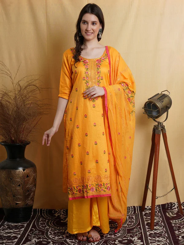 Women's Orange Cotton Floral Resham Thread With Jari & Sequin Designer Straight Suit Set  (Semi stitched ) - Aastha Fashion