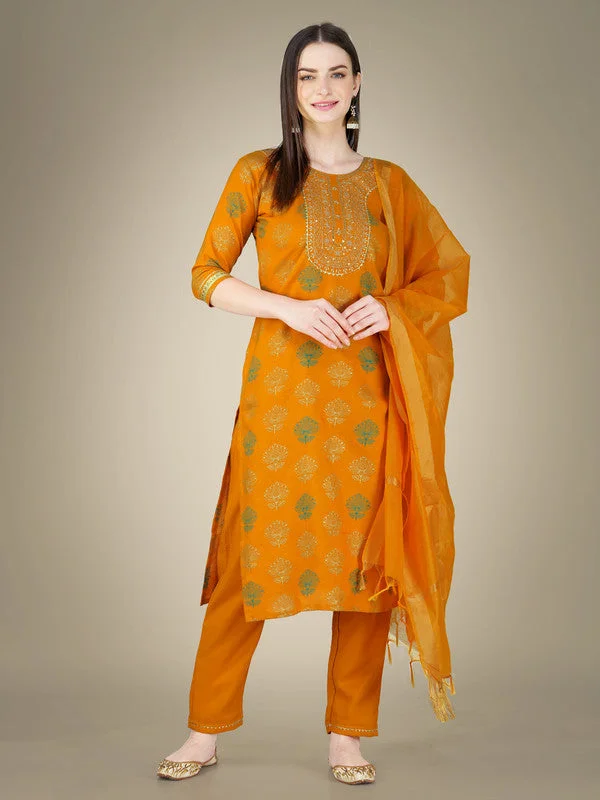 Women's Yellow Cotton Magic Slub Embroidery & Sequence Work Kurta With Trouser & Dupatta  (stitched 40 size, Alt 38 to 44 size) - Aastha Fashion