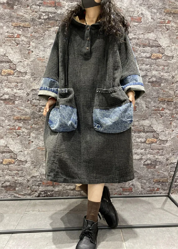 Black Button Patchwork Denim Dress Lace Up Long Sleeve