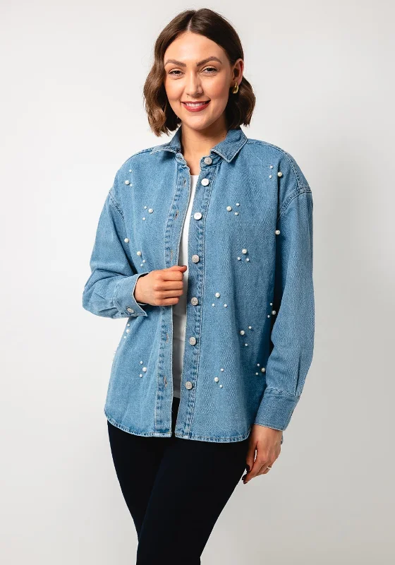 Tiffosi Gilda Pearl Embellished Denim Shacket, Blue