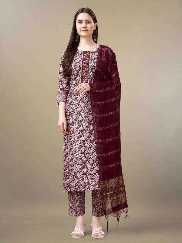 Women's Maroon Rayon Embroidery & Sequence Work Kurta With Trouser & Dupatta  (stitched 40 size, Alt 38 to 44 size) - Aastha Fashion