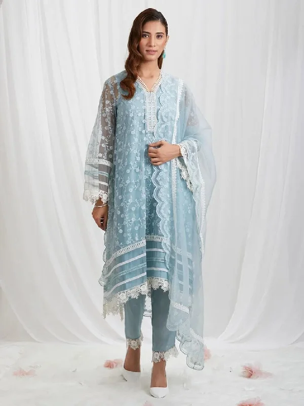 Blue Organza Silk Designer Suit with Lace work