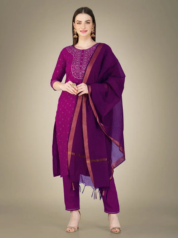 Women's Purple Cotton Magic Slub Embroidery & Sequence Work Kurta With Trouser & Dupatta  (stitched 40 size, Alt 38 to 44 size) - Aastha Fashion