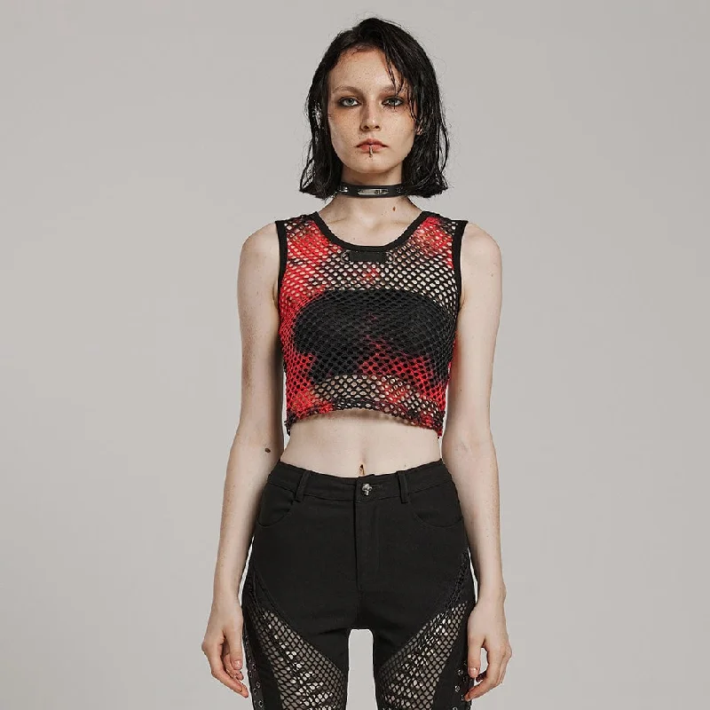 Women's Punk Tie-dyed Mesh Tank Top Black-Red