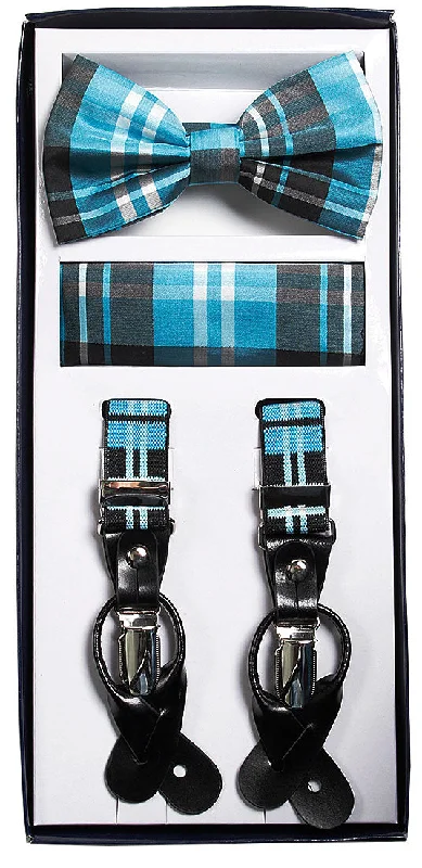 Vesuvio Napoli Suspenders & Bow-Tie Hanky 3 Piece Set - Plaid Turquoise