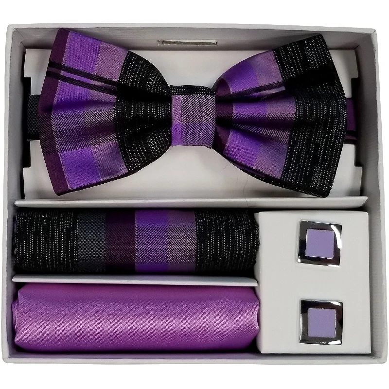 Adolfo Lavender Stripe Bow Tie Hanky & Cufflink Box Set - ABS55335