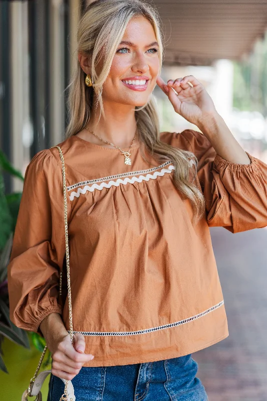 Get A Move On Camel Brown Rickrack Blouse