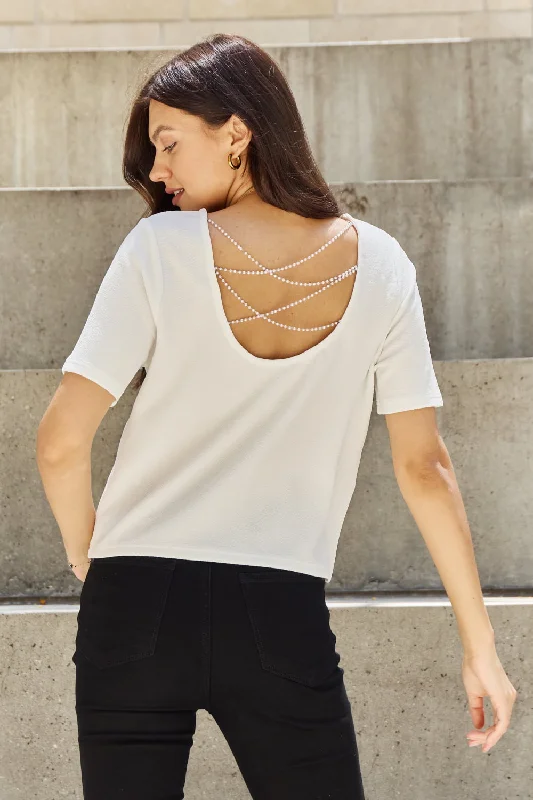 Criss Cross Pearl Detail Open Back T-Shirt