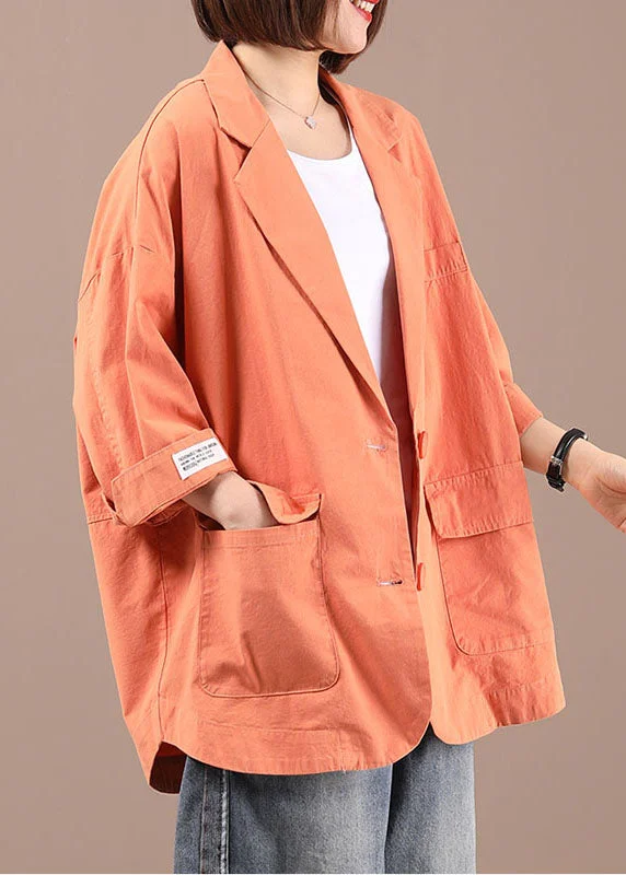 Handmade Orange Loose Button Pockets Fall Coats Long Sleeve