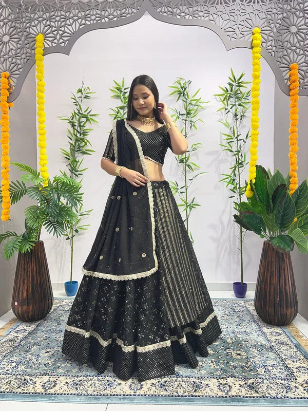 Women's Black Georgette Embroidery Sequence With Ready Lace Work Readymade Wedding Lehenga Choli Set  (stitched 40 size, Alt 38 to 44 size) - Aastha Fashion