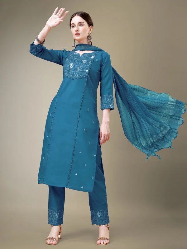 Women's Morpich Cotton Blend Embroidery & Fancy Lace Work Kurta With Trouser & Dupatta  (Stitched ) - Aastha Fashion