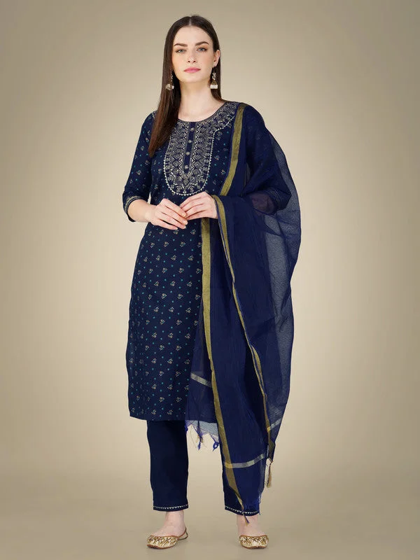 Women's Navy Blue Cotton Magic Slub Embroidery & Sequence Work Kurta With Trouser & Dupatta  (stitched 40 size, Alt 38 to 44 size) - Aastha Fashion