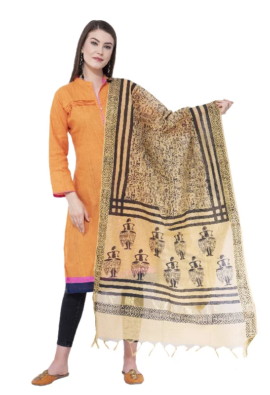 A R Silk Women's Block Print Chanderi Cotton Dark Golden Dupattas and Chunnis