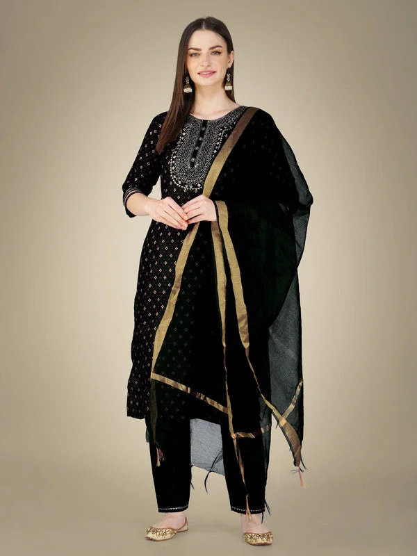 Women's Black Cotton Magic Slub Embroidery & Sequence Work Kurta With Trouser & Dupatta  (Stitched ) - Aastha Fashion