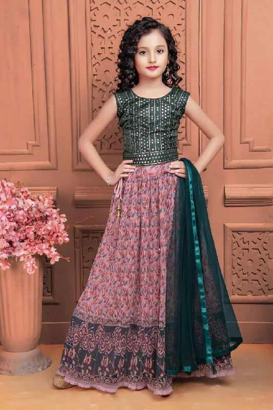 Kid's Green Digital Printed Crushed Lehenga Banglori Silk Sequence work Choli with Net Dupatta