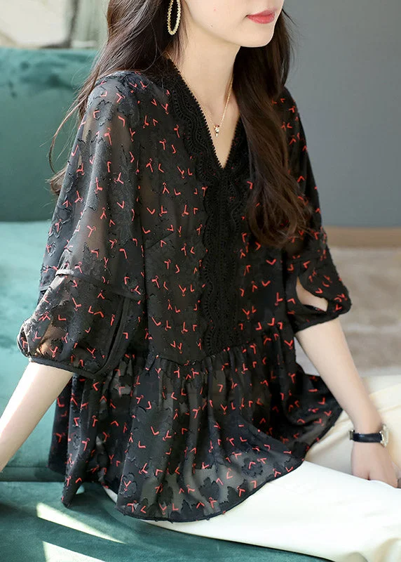 Boutique Black V Neck Wrinkled Print Lace Patchwork Chiffon Shirts Spring