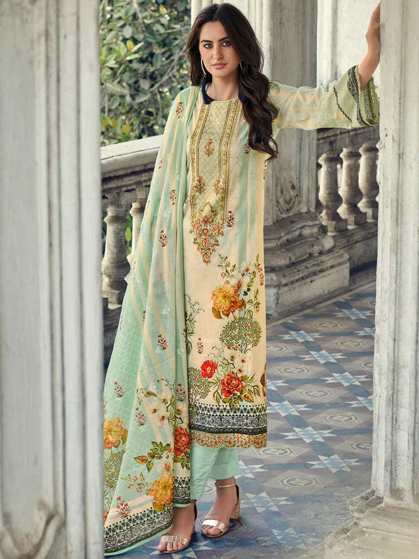 Women's Cream Cotton Floral Digital Print With Resham Embroidered & Cutwork Designer Straight Suit Set  (Semi stitched ) - Aastha Fashion