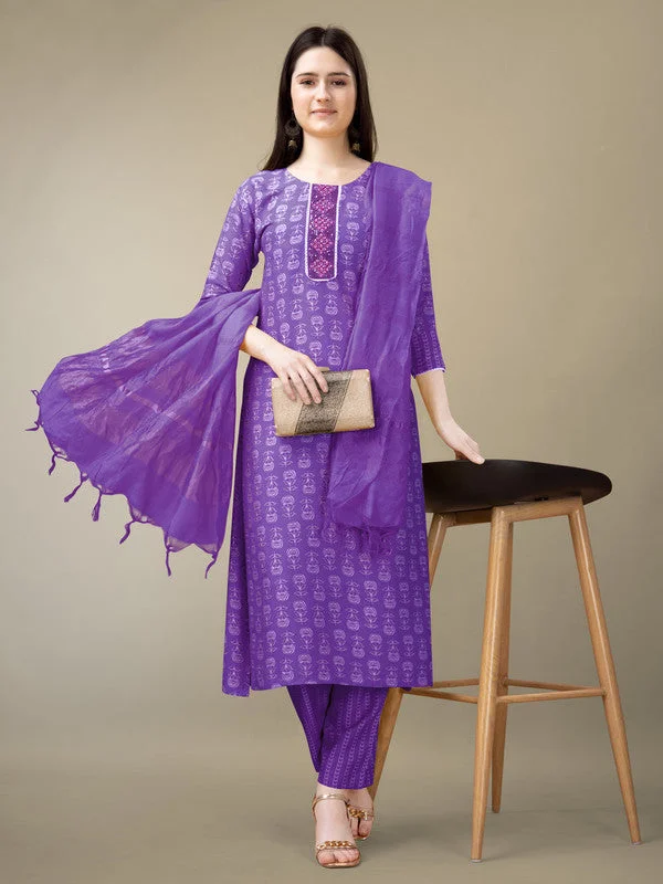 Women's Purple Rayon Embroidery & Sequence Work Kurta With Trouser & Dupatta  (stitched 40 size, Alt 38 to 44 size) - Aastha Fashion