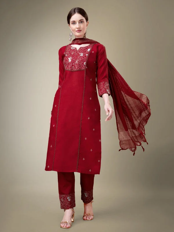 Women's Maroon Cotton Blend Embroidery & Fancy Lace Work Kurta With Trouser & Dupatta  (Stitched ) - Aastha Fashion