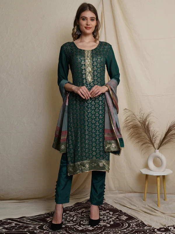 Women's Bottle Green Chinon Chiffon Sequin With Digital Printed Designer Straight Suit Set  (Semi stitched ) - Aastha Fashion