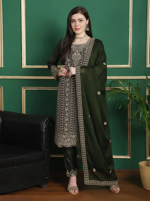 Women's Olive Georgette Cording With Crystal & Cut Work Designer Straight Suit Set  (Semi stitched ) - Aastha Fashion