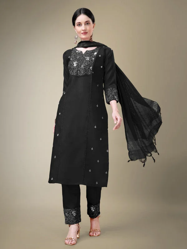 Women's Black Cotton Blend Embroidery & Fancy Lace Work Kurta With Trouser & Dupatta  (Stitched ) - Aastha Fashion