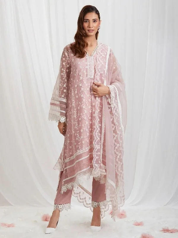 Pink Organza Silk Designer Suit with Lace work