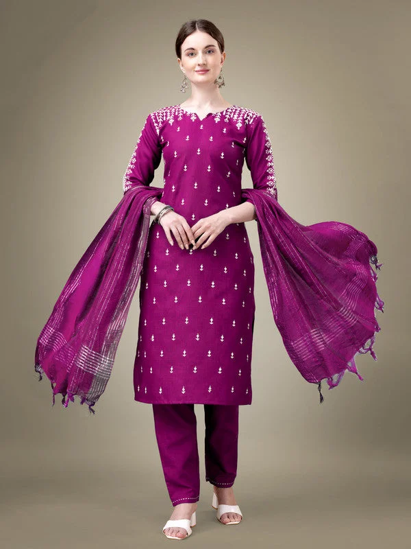 Women's Purple Cotton Blend Embroidery & Sequence Work Kurta With Trouser & Dupatta  (Stitched ) - Aastha Fashion