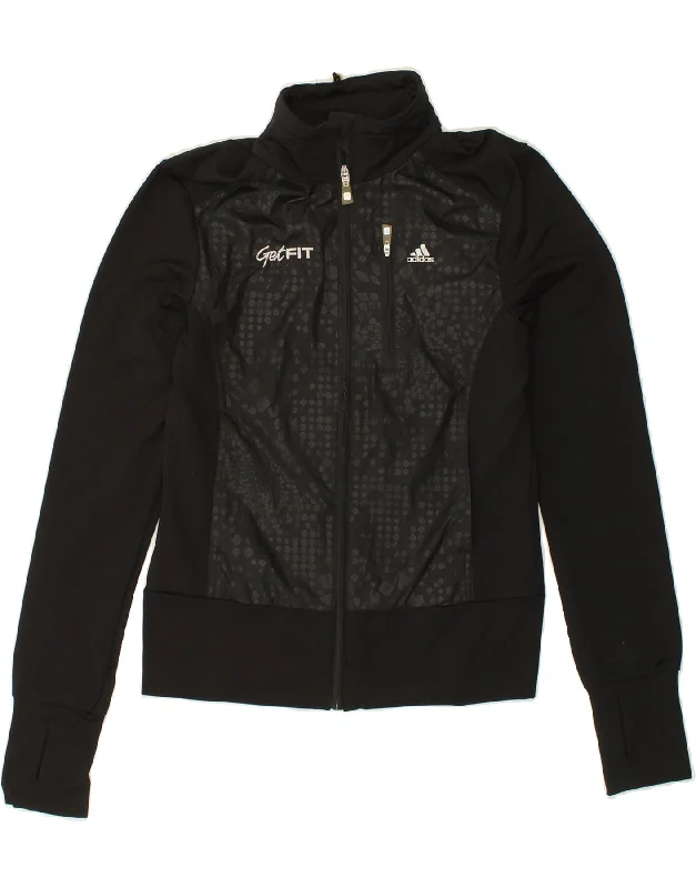 ADIDAS Womens Graphic Tracksuit Top Jacket UK 10 Small Black Polyester