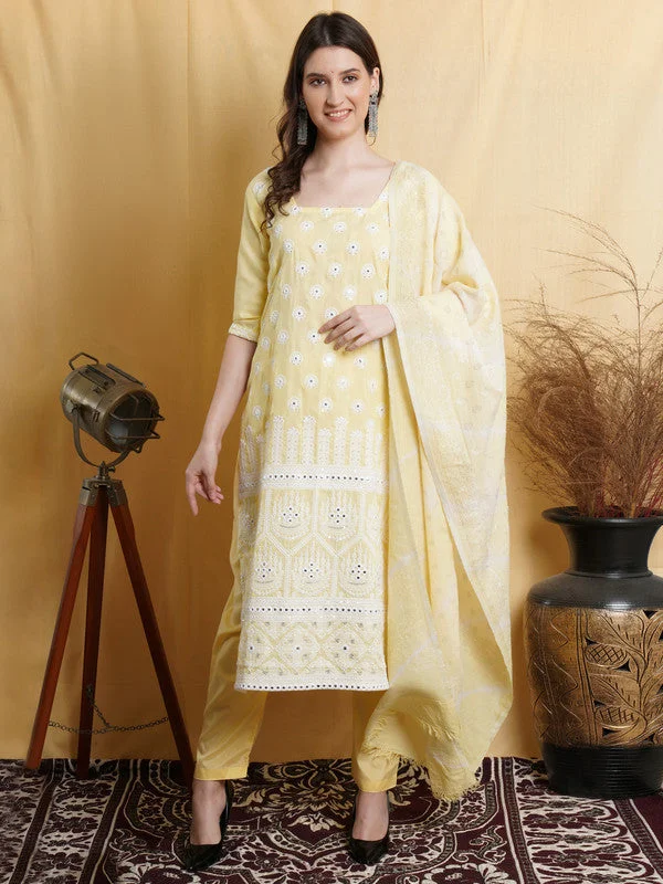 Women's Yellow Cotton Lakhnavi Thread With Mirror Work Designer Straight Suit Set  (Semi stitched ) - Aastha Fashion