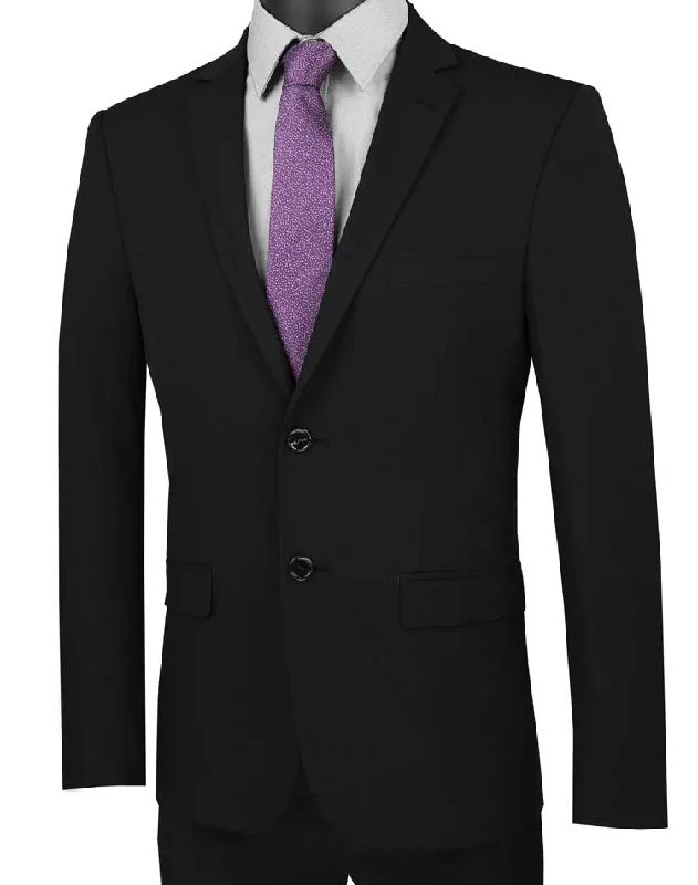 Luxify Collection: Black 2 Piece Solid Color Single Breasted Ultra Slim Fit Suit