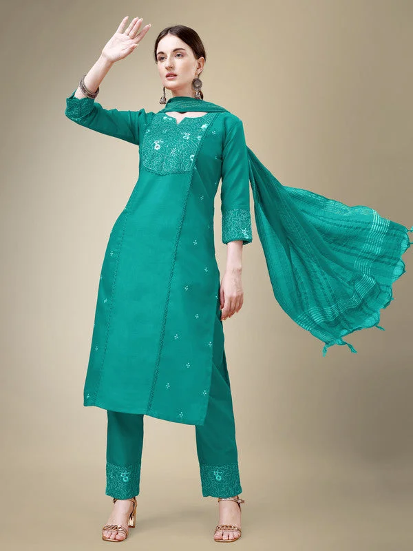 Women's Rama Cotton Blend Embroidery & Fancy Lace Work Kurta With Trouser & Dupatta  (Stitched ) - Aastha Fashion