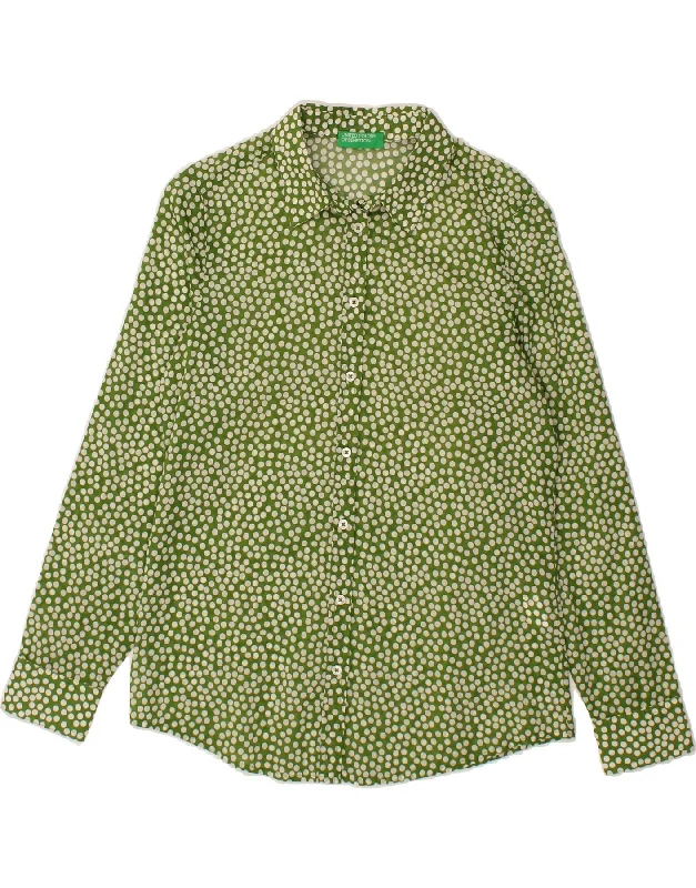 BENETTON Womens Shirt Blouse UK 6 XS Green Polka Dot Cotton