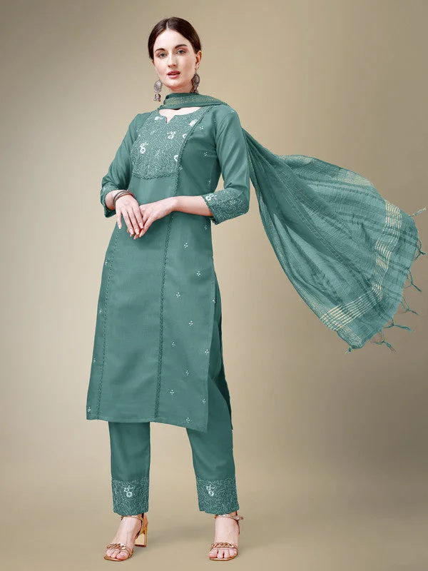 Women's Teal Cotton Blend Embroidery & Fancy Lace Work Kurta With Trouser & Dupatta  (Stitched ) - Aastha Fashion