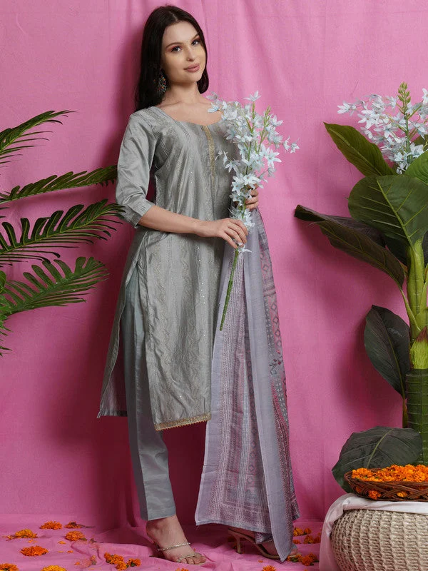 Women's Grey Art Silk Resham Embroidered With Jari & Sequin Designer Straight Suit Set  (Semi stitched ) - Aastha Fashion