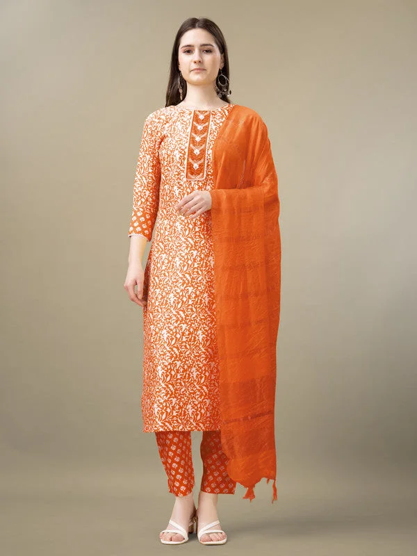 Women's Orange Rayon Embroidery & Sequence Work Kurta With Trouser & Dupatta  (stitched 40 size, Alt 38 to 44 size) - Aastha Fashion