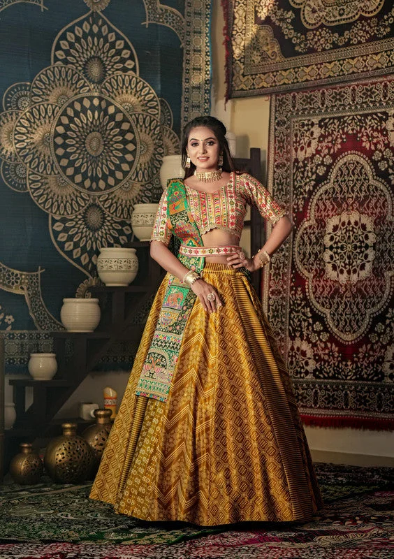 Women's Mustard Malai Satin Digital Printed Readymade Party Wear Lehenga Choli Set  (stitched 40 size, Alt 38 to 44 size) - Aastha Fashion