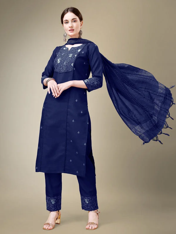 Women's Navy Blue Cotton Blend Embroidery & Fancy Lace Work Kurta With Trouser & Dupatta  (Stitched ) - Aastha Fashion